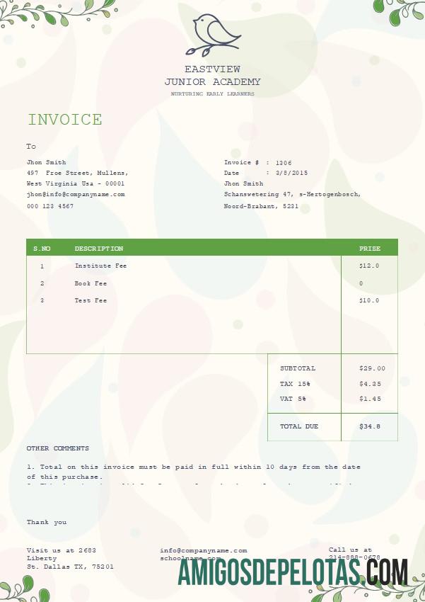 imprimível Modelo de fatura de jardim de infância grátis